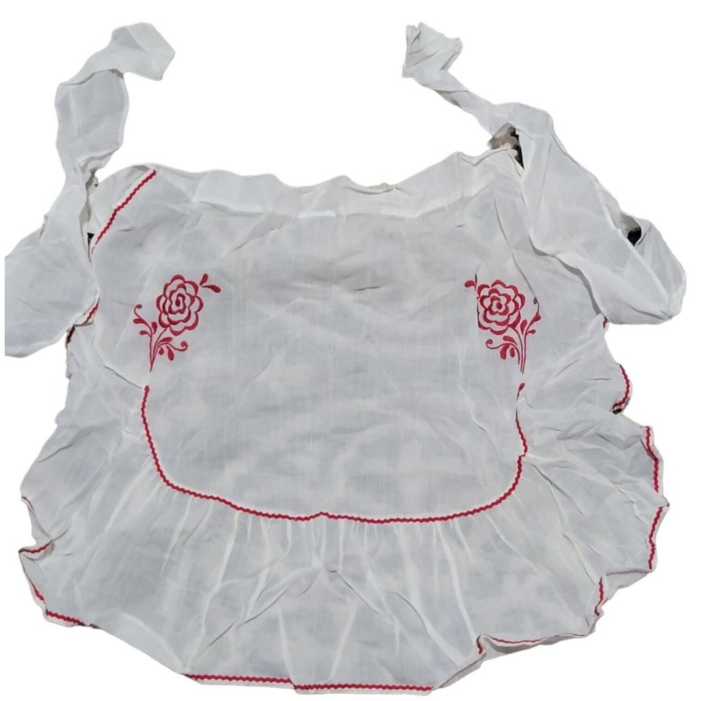 Half Apron Sheer White Cotton Red Ric Rac Red Embroidered Roses Long Ties Vtg